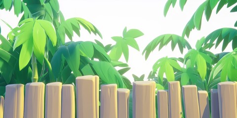 Cartoon Bamboo Fence with Green Leaves Peeking Through