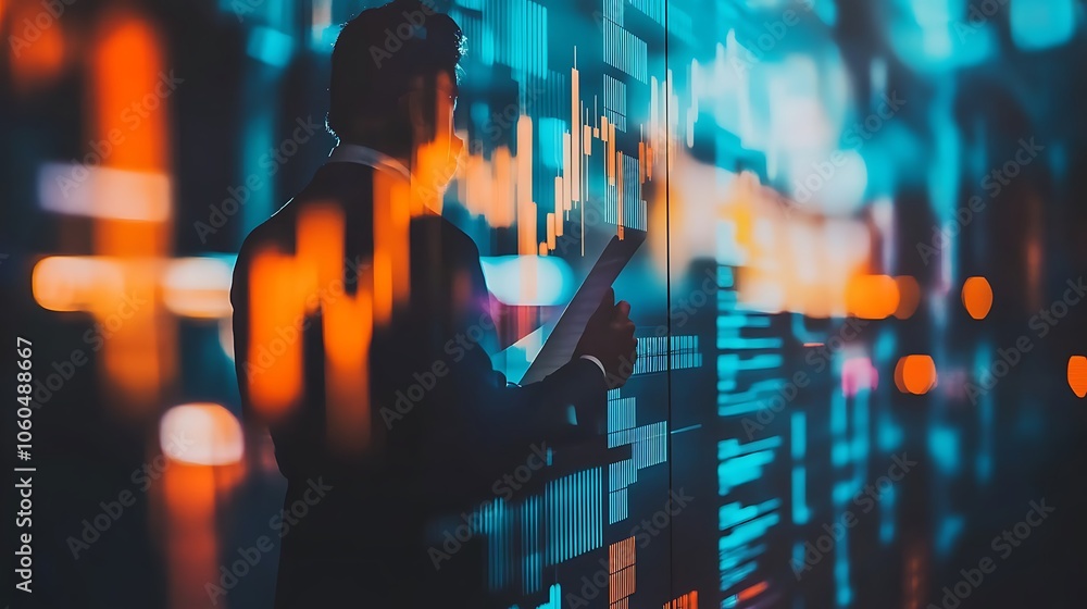 Aufkleber businessman analyzing data on screen simple neutral background with free space for design