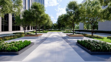 A modern urban landscape featuring a wide pedestrian pathway bordered by green trees and vibrant flower beds under a clear blue sky.