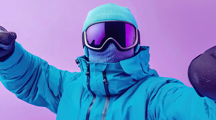 Naklejka premium Close up skier man wear blue windbreaker jacket ski goggles mask hat do selfie shot mobile cell phone