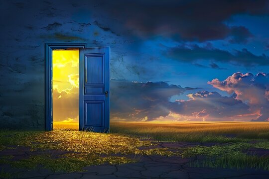 A blue door is open in a field with a cloudy sky in the background