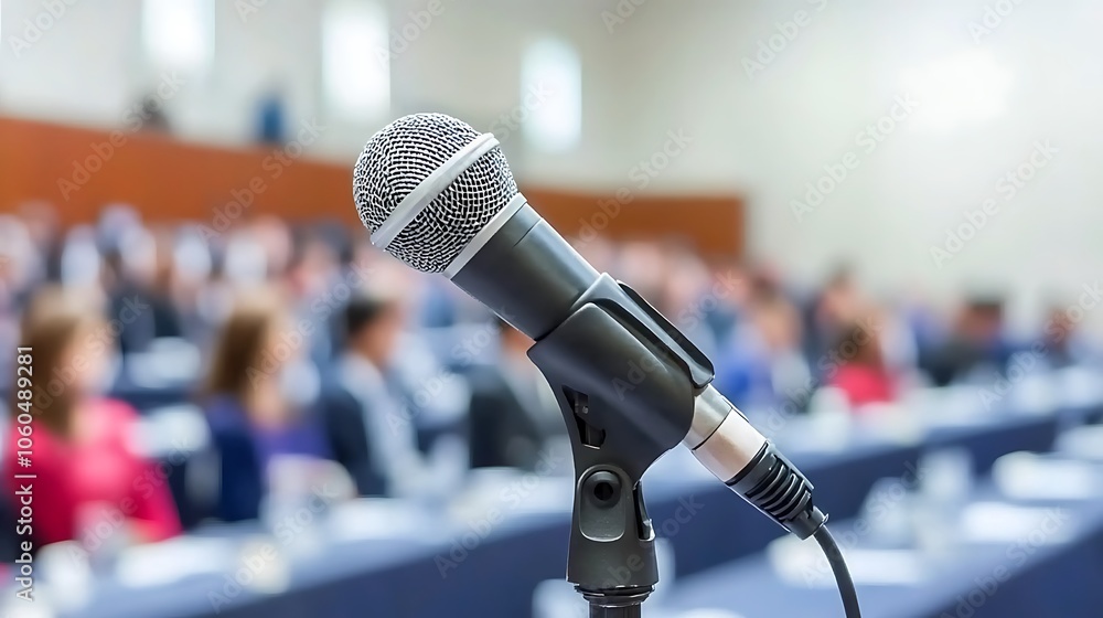 Aufkleber microphone on a stand in front of a blurred audience clean blank canvas with empty space for designs