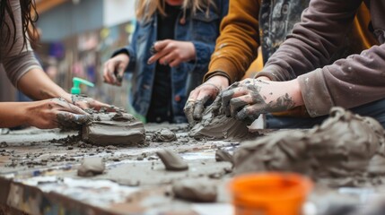 Artists working with clay, molding and shaping it on a table covered in the material, their hands covered in the grey substance