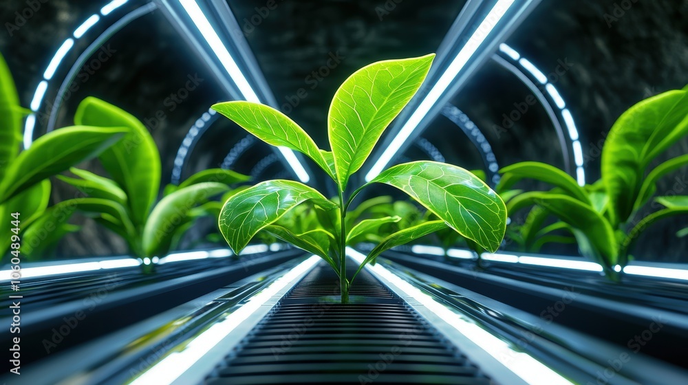 Wall mural a futuristic hydroponic farm showcasing vibrant green plants thriving under artificial lighting.