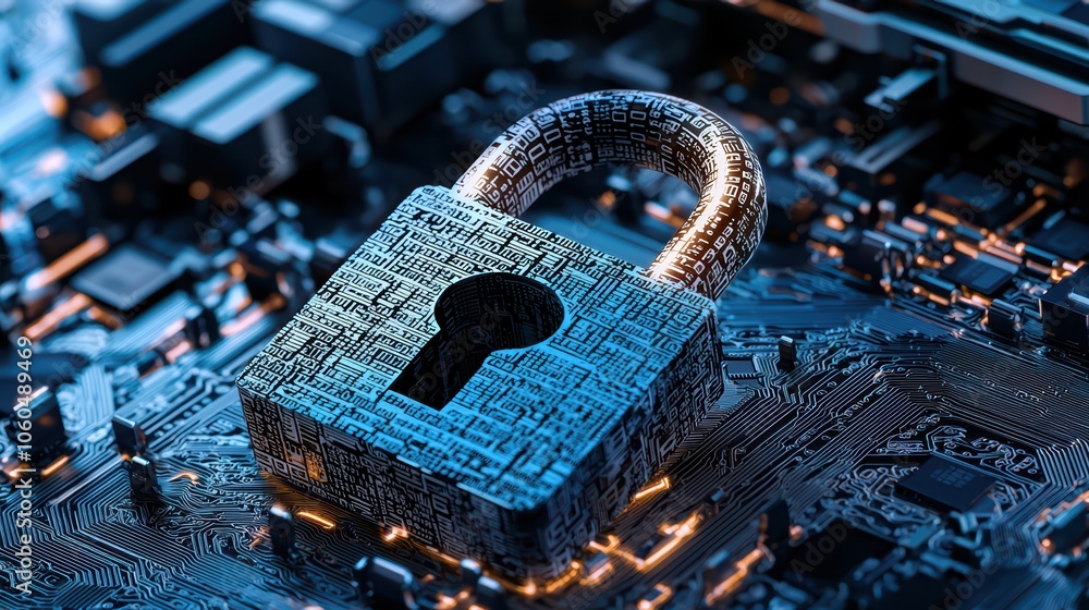 Poster digital lock on computer circuit board, representing cybersecurity and data protection.