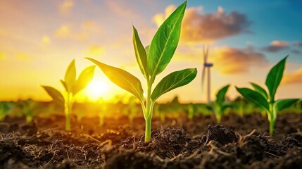 A vibrant sunrise illuminates young green plants sprouting from rich soil, symbolizing growth and renewal against a backdrop of wind turbines.