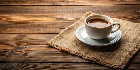 Obraz premium Coffee cup placed on a rustic wooden table with a natural fiber rug, autumn decor, fall atmosphere, wood grain, outdoor setting