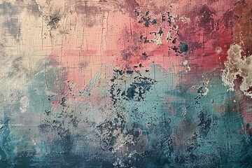 A painting with a blue and pink background and a white and gray foreground