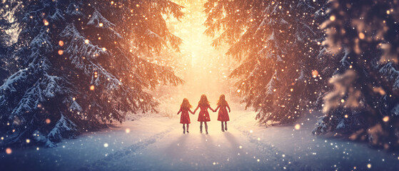 Three Girls Walking Through a Snowy Forest in Winter Wonderland