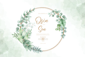Green leaves watercolor wreath with golden frame
