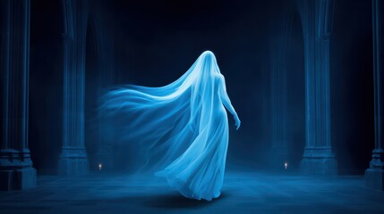 Ethereal figure with flowing blue veil in a mystical architectural setting.