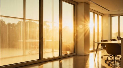 Fototapeta premium Natural Light Through Office Windows: Sunlight streaming through large office windows, creates a bright and airy feel. This background symbolizes transparency and a positive workplace.