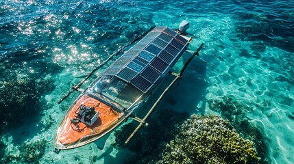 Obraz premium Exploring the beauty of solar-powered longtail boats a sustainable journey through crystal clear waters