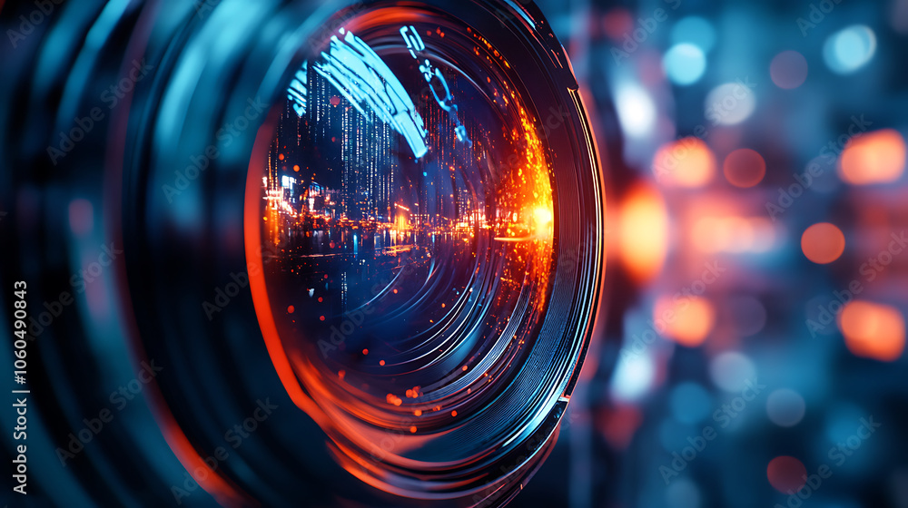 Poster close up view of camera lens showcasing futuristic cityscape reflected in glass, with vibrant colors