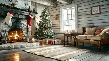 Fototapeta premium A cozy winter living room decorated for Christmas, featuring a festive tree, stockings, a warm fireplace, and inviting furniture.