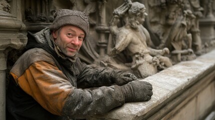 Close-up of detailed stonework on a classical building, craftsman working on intricate engravings and sculptures