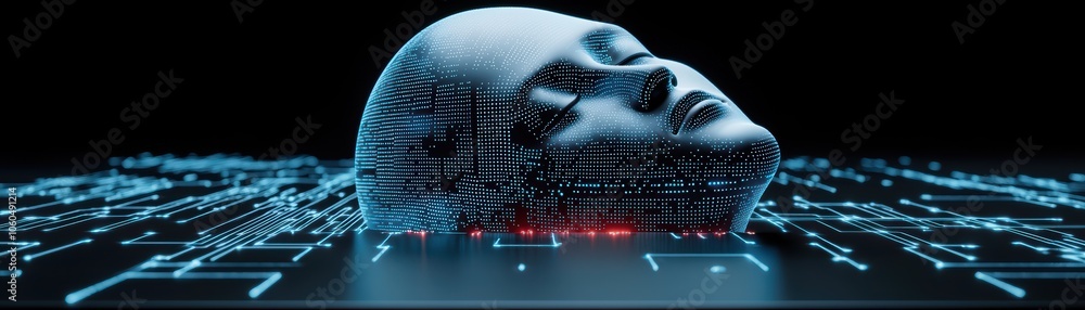 Poster futuristic digital head with circuitry on a dark background, symbolizing artificial intelligence and