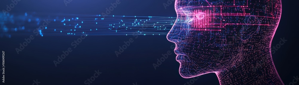 Poster futuristic digital head concept with glowing circuits and data streams on a dark background.