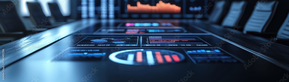 Poster futuristic digital dashboard with data visualization and graphs, sleek design, modern workspace.