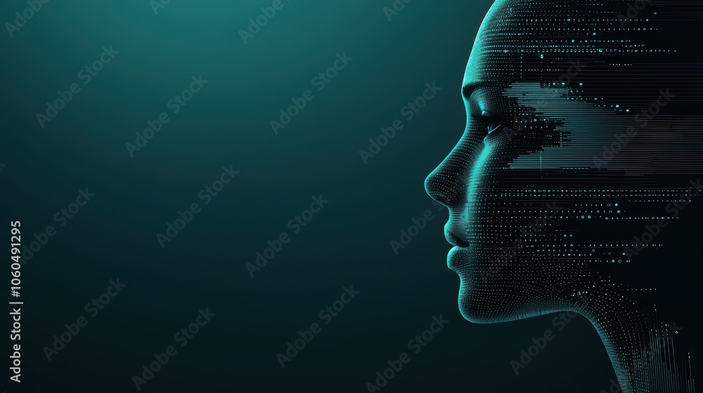 Poster futuristic digital human profile with abstract data patterns on a dark background.