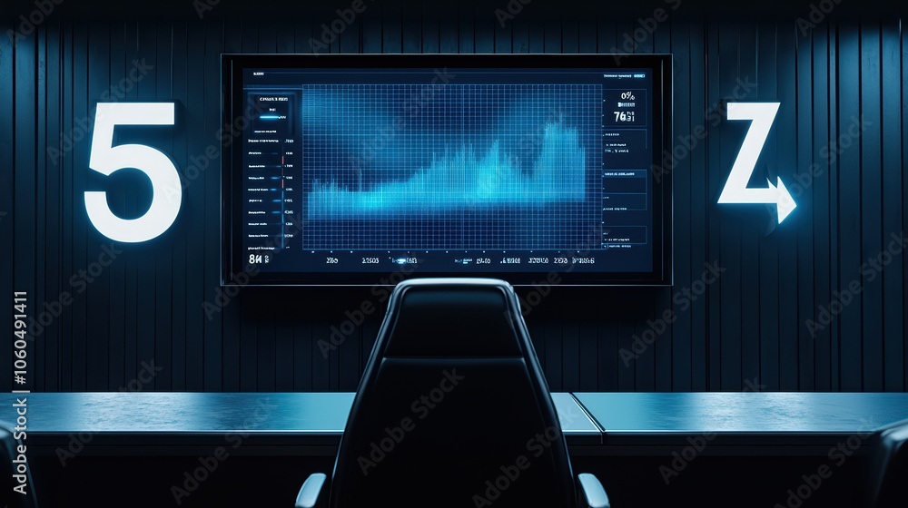Poster futuristic workspace with digital analytics display and modern chair.