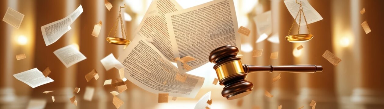 Gavel and floating documents with a warm, blurred courtroom background, symbolizing justice and law.