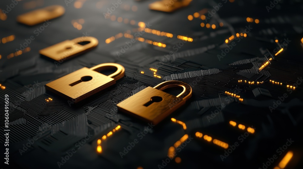 Poster golden locks on a dark digital background, symbolizing data security and encryption.