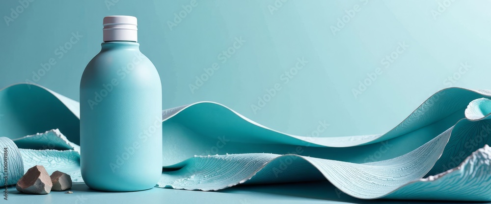 Poster a bottle of blue liquid is placed on a blue background, which is a wave-like pattern. the bottle is 