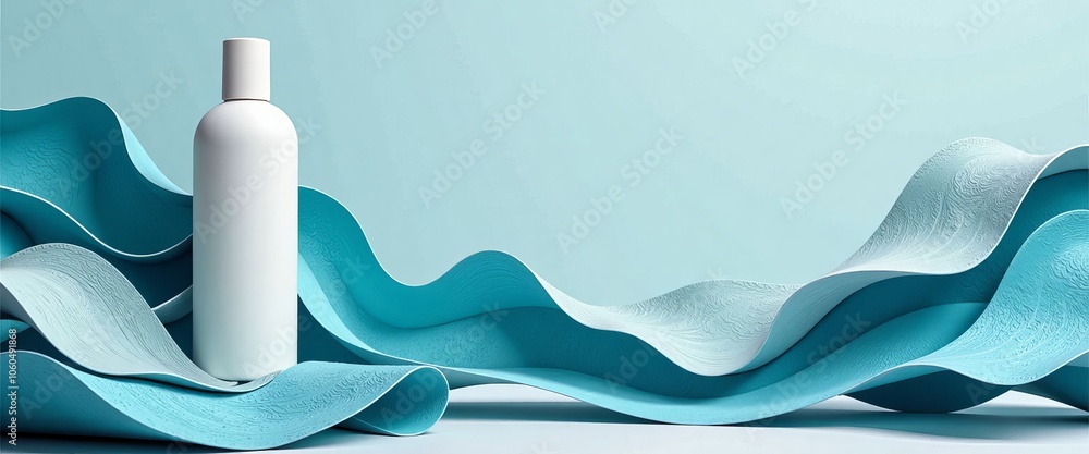 Poster a bottle of blue liquid is placed on a blue background, which is a wave-like pattern. the bottle is 