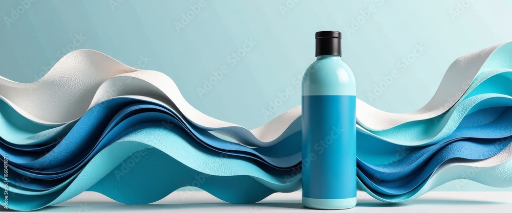 Poster a bottle of blue liquid is placed on a blue background, which is a wave-like pattern. the bottle is 