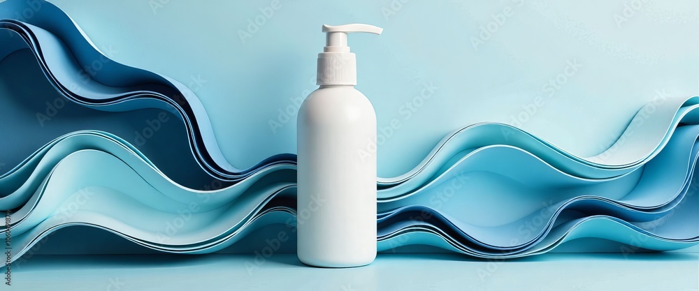 Poster a bottle of blue liquid is placed on a blue background, which is a wave-like pattern. the bottle is 