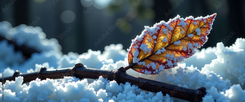 Poster a snowflake is sitting on top of a pile of snow in a forest. concept of tranquility and peacefulness