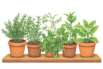 Fototapeta premium Herbs in terracotta pots on a wooden shelf, white isolated background.