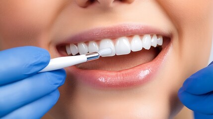 Fototapeta premium Close up shot of a dentists gloved hands carefully applying whitening gel with a precision tip brush onto a patients teeth in a bright and sterile clinical setting