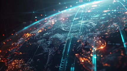 Fototapeta premium Futuristic technology and data are flowing around planet earth, creating a network of glowing lines and dots, symbolizing global communication and innovation
