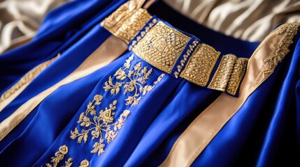 Close-up of Miss Universe sash with gold embroidery on blue fabric, resting on a silk backdrop with elegant folds