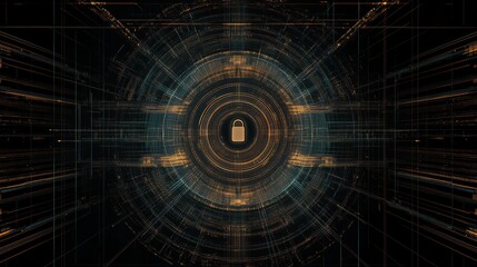 The display features a prominent lock icon at the center of a digital interface, emphasizing the importance of cybersecurity. Generative AI