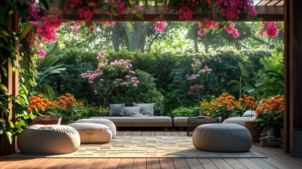 Obraz premium A covered patio with comfortable seating, colorful flowers, and lush greenery.