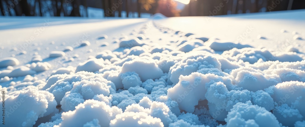 Poster a snowflake is sitting on top of a pile of snow in a forest. concept of tranquility and peacefulness