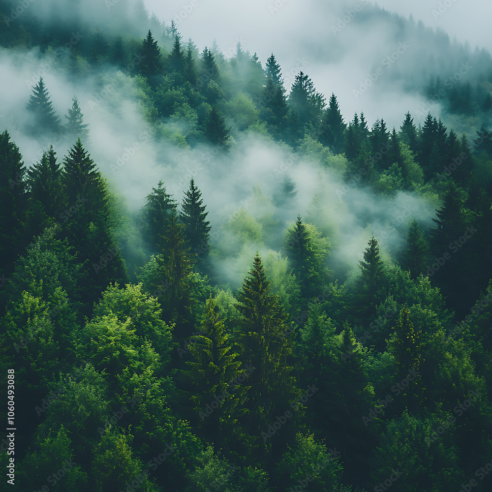 Poster lush green forest with misty fog enveloping tall trees, creating serene atmosphere. dense foliage an
