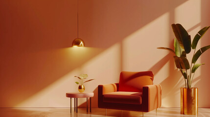 A room with a chair and a potted plant. The chair is orange and the plant is tall. The room is bright and sunny, with a lot of natural light coming in through the window. The room has a modern