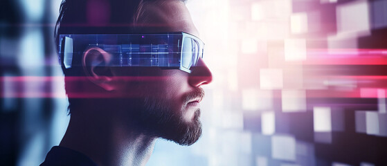Man Wearing Futuristic Virtual Reality Glasses Looking Into the Future, Man Wearing Futuristic Virtual Reality Glasses Looking Into the
