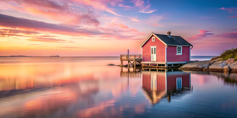 Fototapeta premium Soft hues of pink and orange fill the sky at sunset, reflecting off the peaceful waters surrounding a charming pink house on stilts, creating a picturesque atmosphere