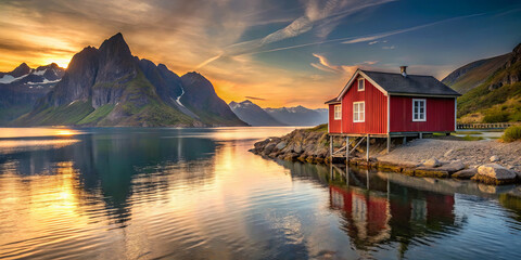 Obraz premium The sun sets behind majestic mountains as a vibrant red cabin stands by a calm lake, reflecting the warm colors of the sky in a tranquil Norwegian setting