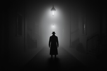 Obraz premium Mysterious figure in a foggy street illuminated by lanterns at night.