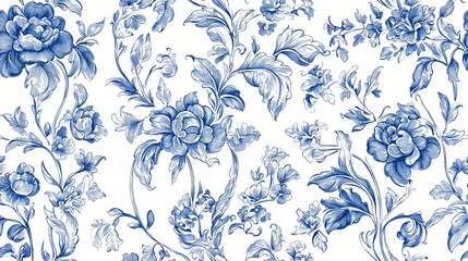 Vintage Toile De Jouy floral in dark blue on white background, elegant design, seamless pattern