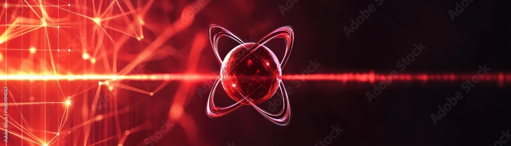 Poster red atomic structure with glowing energy lines on a dark background, representing scientific concept