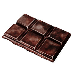 Chocolate watercolor. Hand drawn dark chocolate bar filled with kataifi and pistachio paste on isolated white background. Clip art of sweet dessert. Ideal for logo and packaging of sweets, coffee shop