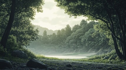 Calm and serene forest path leading to a peaceful lake with mist rising from the water, early morning scene, greenery surrounds the trail.