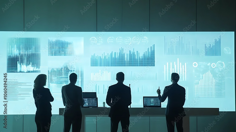 Poster business professionals analyzing data on a large screen clean blank canvas with empty space for desi